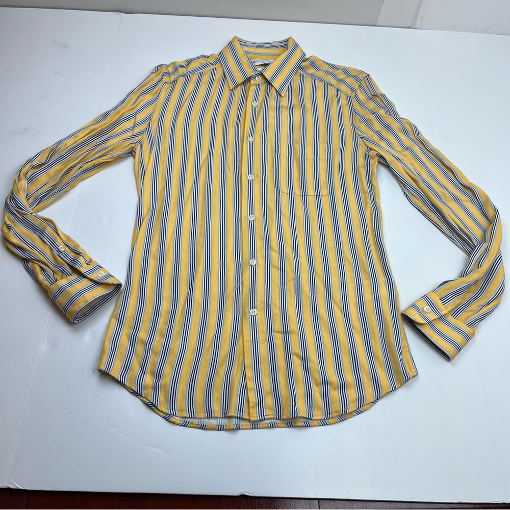 Reiss Mens Yellow Blue Stripe Slim Fit Button Front Shirt  XS Office Work Preppy